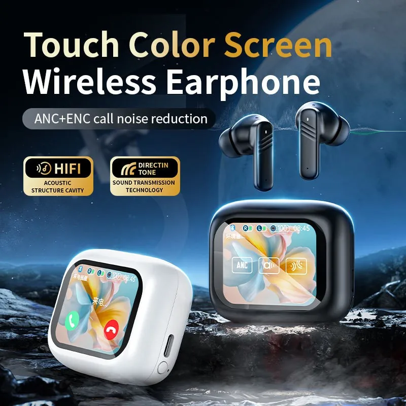 TESDINE M6 Large Screen Touch Active ANC Noise Reduction Color Screen Bluetooth Earphones Wireless Smart Screen Earphones