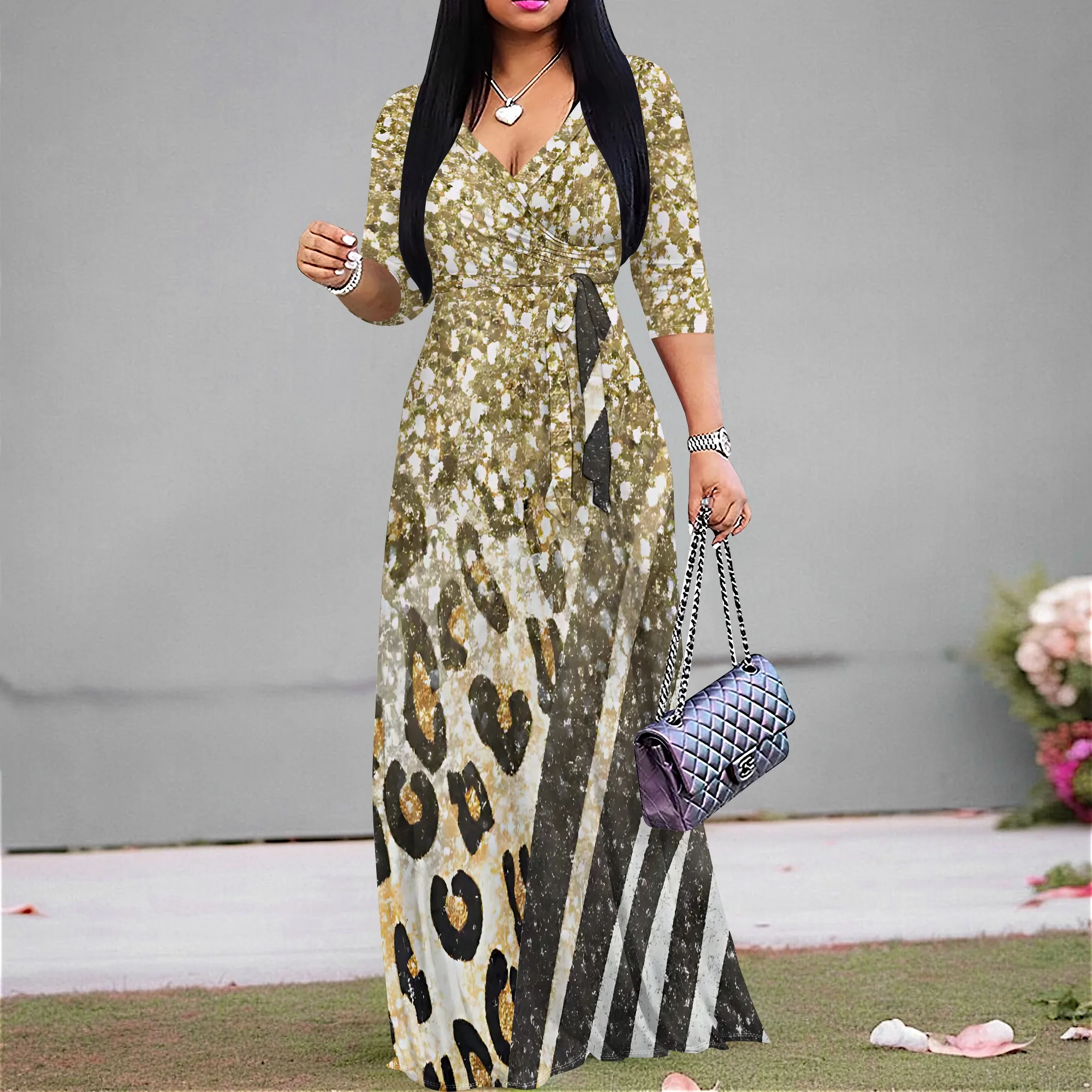 

Women's 3/4 Sleeve V Neck Women With Pocket and Bel Long Dress Fashion Printed Split Hem Casual Leopard Print Maxi Dress