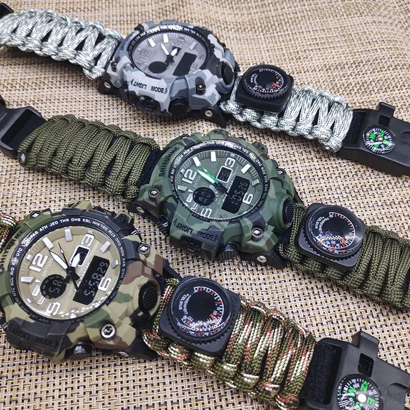 SHIYUNME Outdoor Survival Men Watch Multifunctional Waterproof Military Tactical Paracord Watch Compass Thermometer Quartz Watch