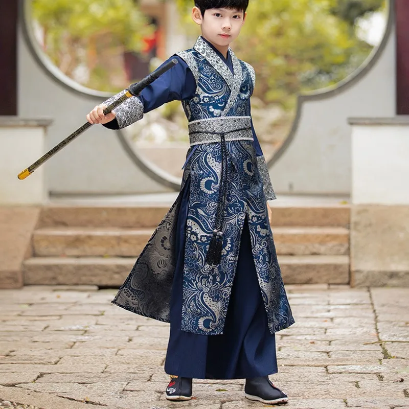 Disfraz de primavera para niños de mediana edad, superficie de satén brocado, estilo tradicional chino, caballero errante, Hanfu mejorado