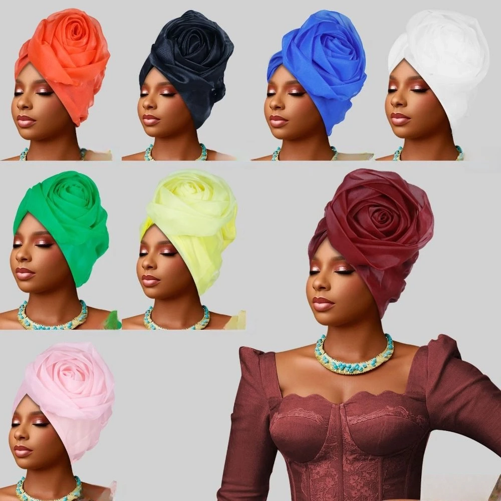 

Шапки-тюрбаны из необработанного шелка в африканском стиле, головные уборы с большим цветком розы, легкие дышащие нигерийские свадебные головные уборы для вечеринок