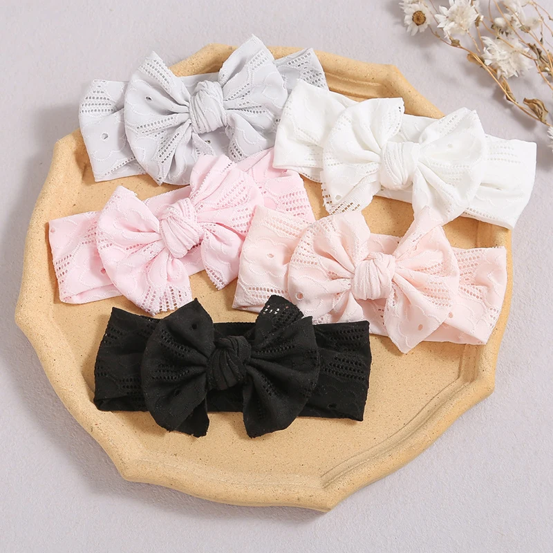 Hollow Bow Baby Headband Solid Color Nylon Elastic Wide Hairbands 0-2Year Boy Girl Bowknot Headdress Kids Hair Accessories image 2
