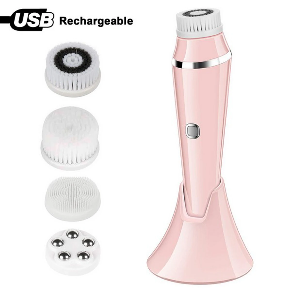 USB Charging Facial Cleansing Brush for Deep Cleansing Exfoliating 3 Modes 4 Brush Cordless Face Brush - Pink