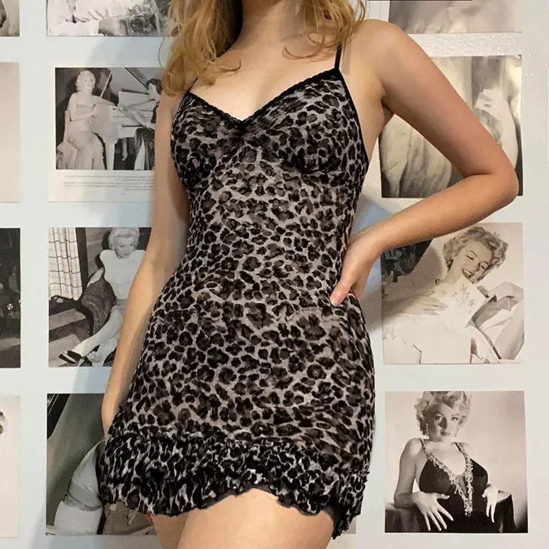 Houzhou Leopard gedruckt sexy Frau Kleid schlank Mini einteilig y2k ärmelloses Vintage Kleid Hotsweet Lece kurze Bodycone weiblich