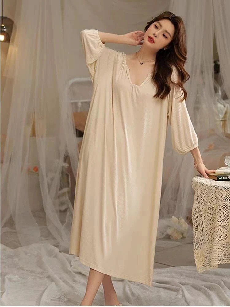

150kg Large Size Ice Silk Long French Pajamas Dress Women Spring Autumn V Neck Long-sleeved Nightgown Solid Loose Loungewear