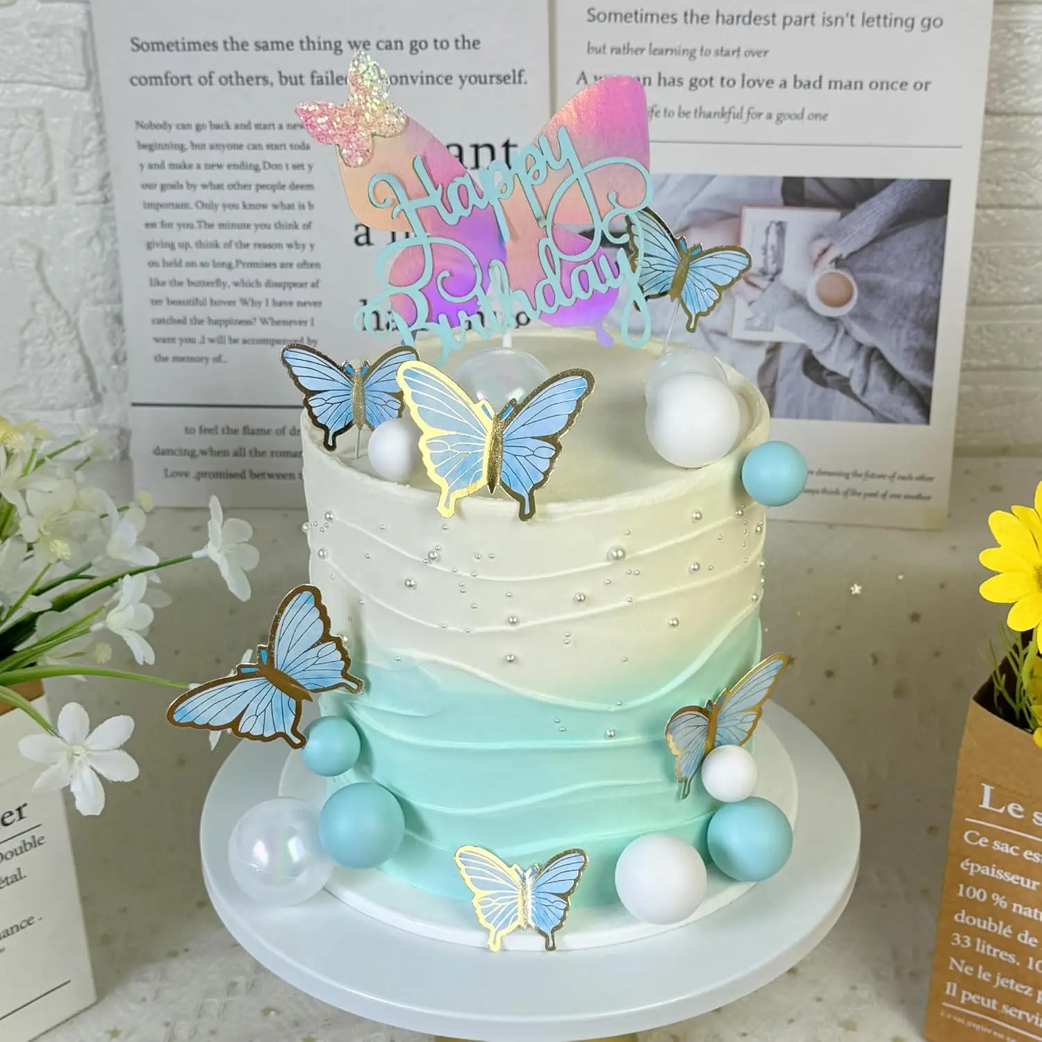 Dekoracja tortu motylkowego Dekoracje tortu z pianki z niebieskimi kulkami na wesele Baby Shower Urodziny Boho Impreza tematyczna