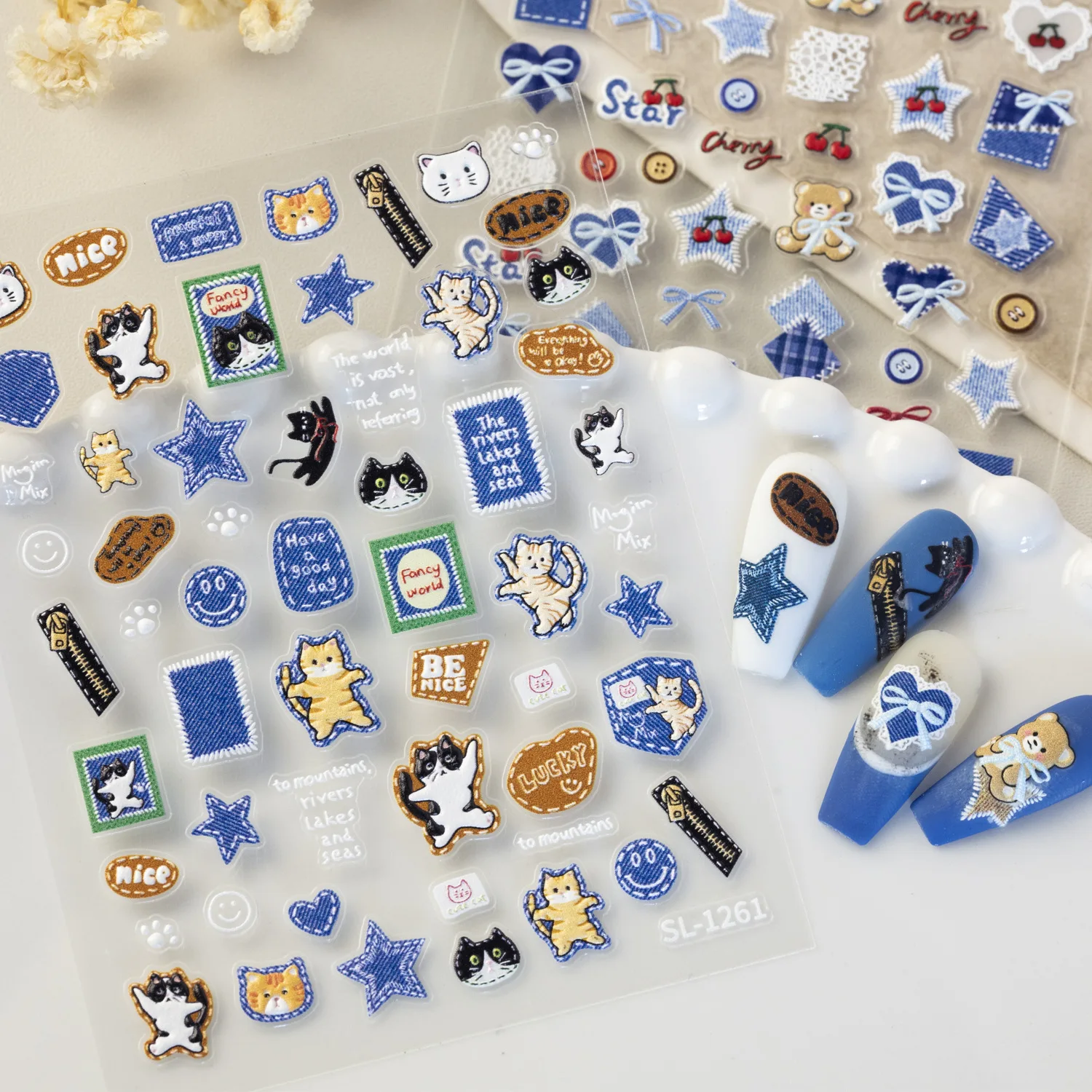 Pegatinas bonitas para decoración de uñas de gato vaquero, calcomanías para uñas de amor y estrella de gato vaquero azul, suministros para decoración de uñas en relieve 5D, decoraciones para manicura