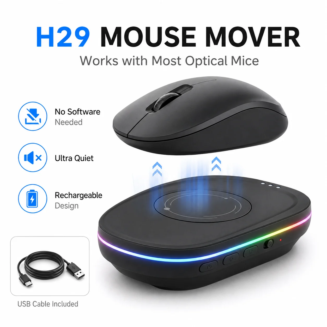 H29 Mouse Mover Rechargeable Mouse Jiggler with RGB Light Timer Quiet Automatic Mouse Movement Device for Optical Mouse