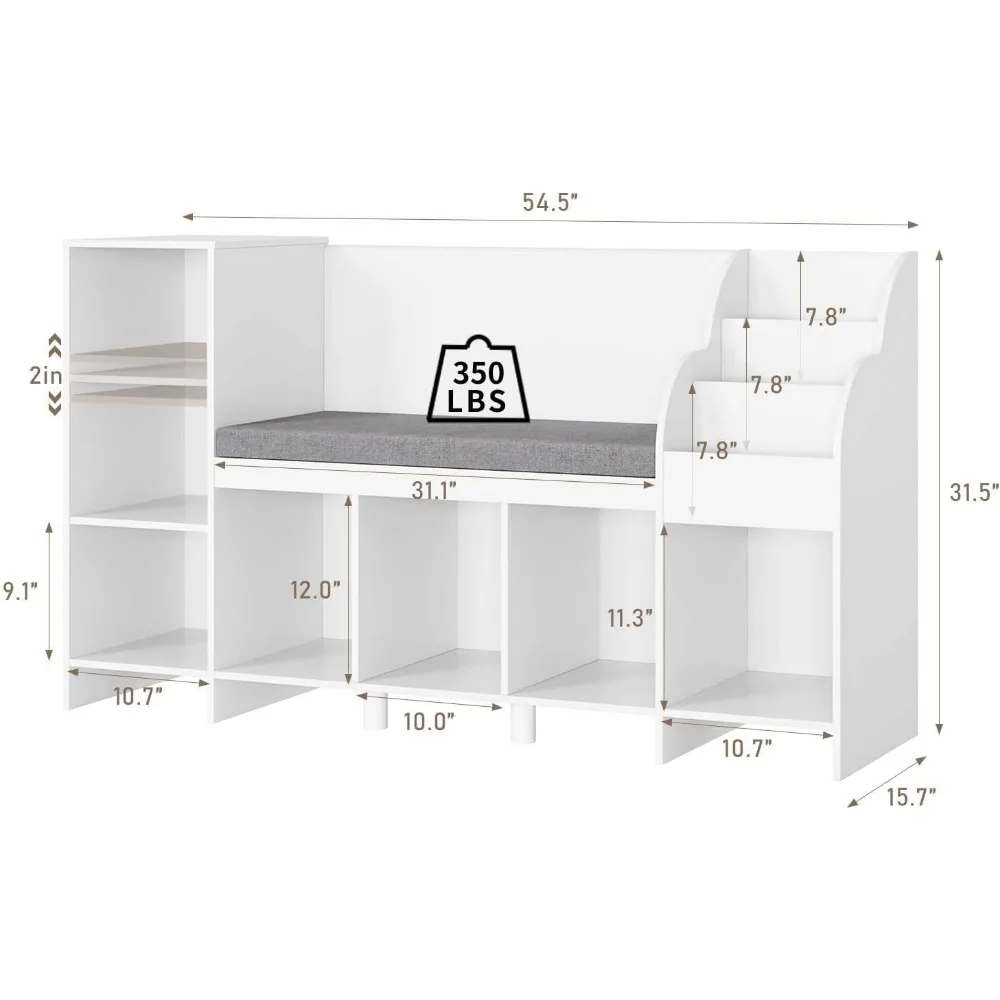 Kids Bookshelf with Reading Nook, Bookcase with Seat Cushion and Adjustable Shelf, Storage Bench with Book Rack for Bedroom