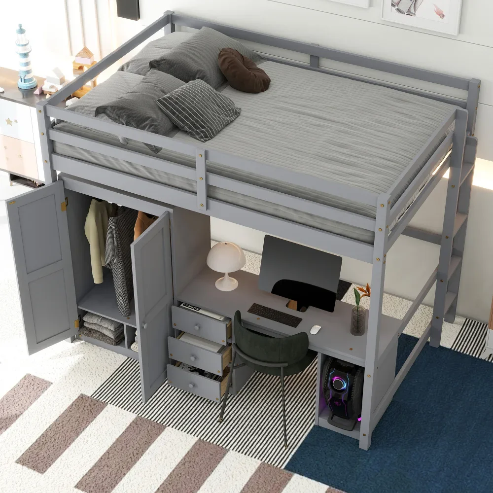 

4-in-1 Full Size Loft Bed with 2 Large Drawers Wardrobe, Desk and Storage Drawers,Modern Style Daybed,Children Bed Boys Bed Gray