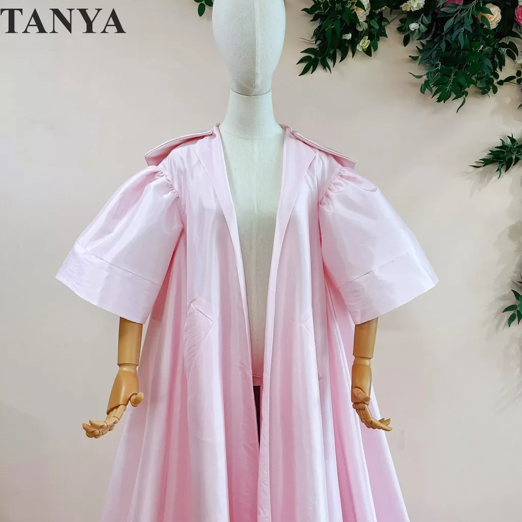 Cape de mariage longue en taffetas rose pour femme, demi manches, perles, soirée, veste Lont, tenue de ligne A, manteau pour femme, costume