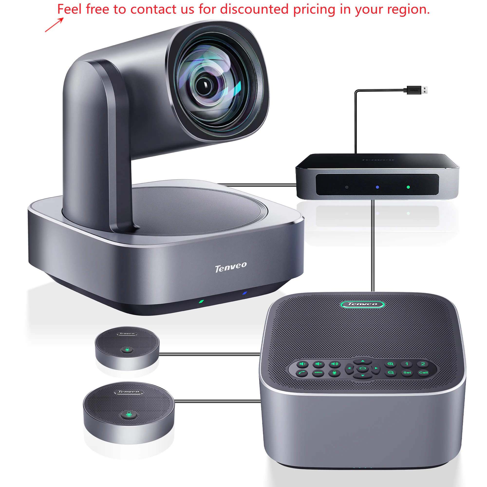 

Tenveo All In One Conference Group 10x Zoom PTZ Conference Camera 1080P 60fps With Bluetooth Speakerphone HUB And 2 Mini Mics