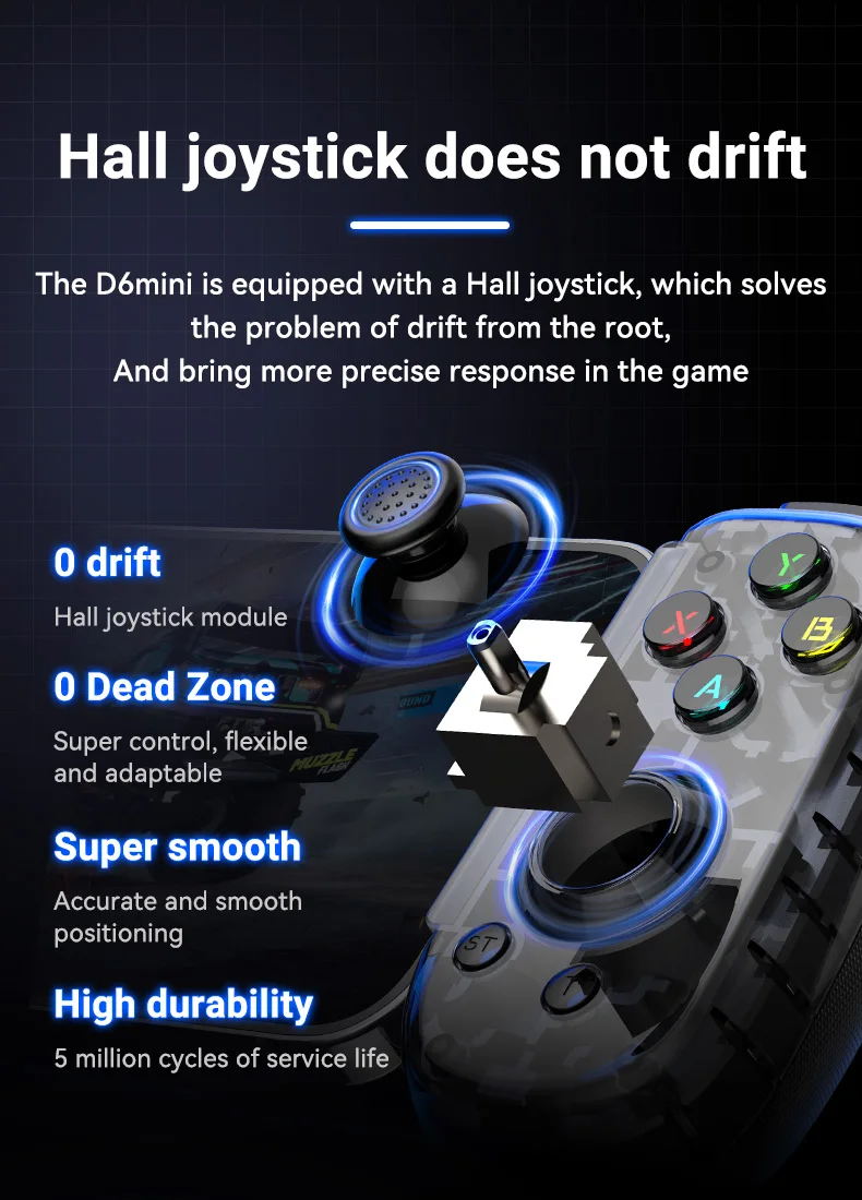 D6mini Ausziehbarer Spielcontroller mit Hall-Joystick, Kabelgebunden und Kabellos, Bluetooth, für Switch, Android, iOS, PC, Streaming – Detail 4