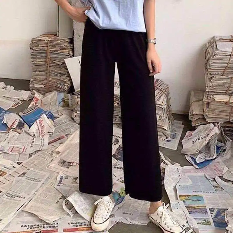 Wide Leg Pants Women Spring Pure Black Korean All-match Trendy Elegant Casual Daily Female Trousers Elastic Waist Hot Sale Chic