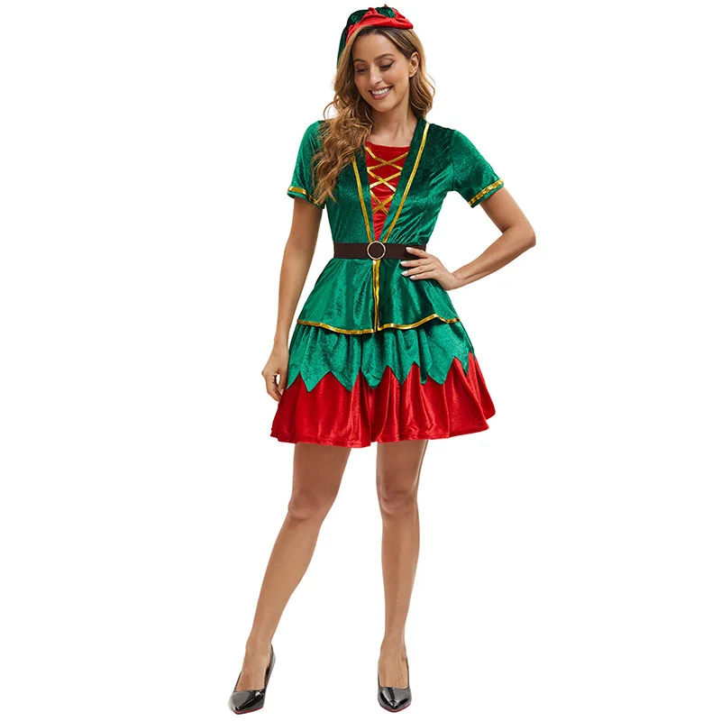 Chrismas Costume Cosplay Green Elf Fancy Dress Suits Xmas Theme Party Rolr Playing Clothing Sets Adult Men Women