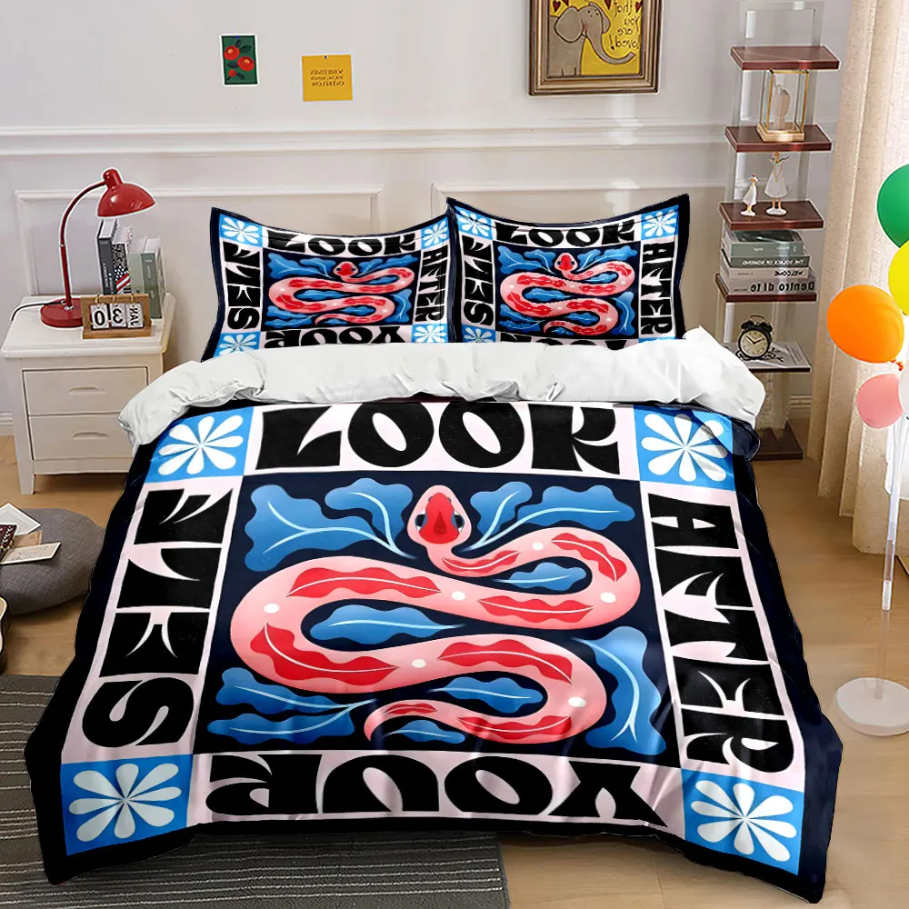 Abstract red snake with blue leaves Print Bedding Set 1 Duvet Cover 2 Pillowcases for Adult and Children Luxury Gift Full Size