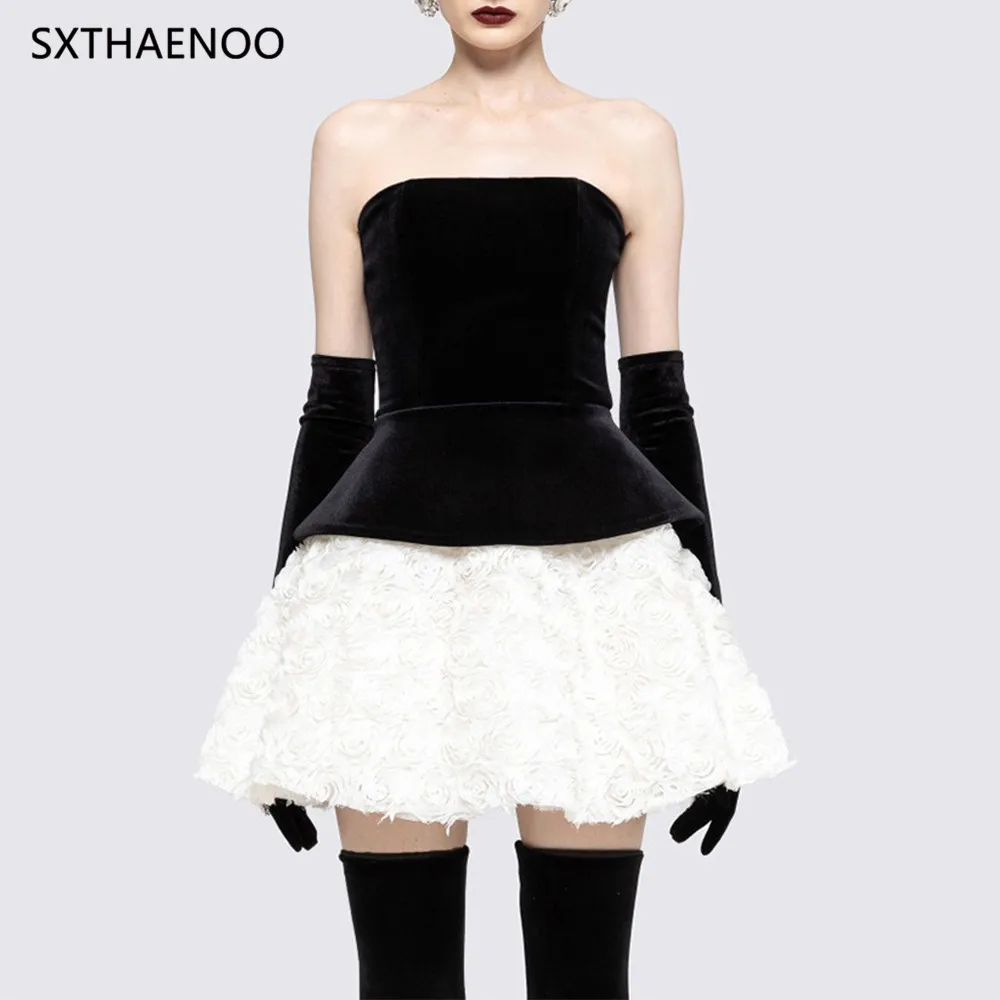 

SXTHAENOO Black Velvet Strapless Mini Dress with White 3D Rose Detail Skirt Lace Party Autumn Skirt Set Women 3 Piece Set
