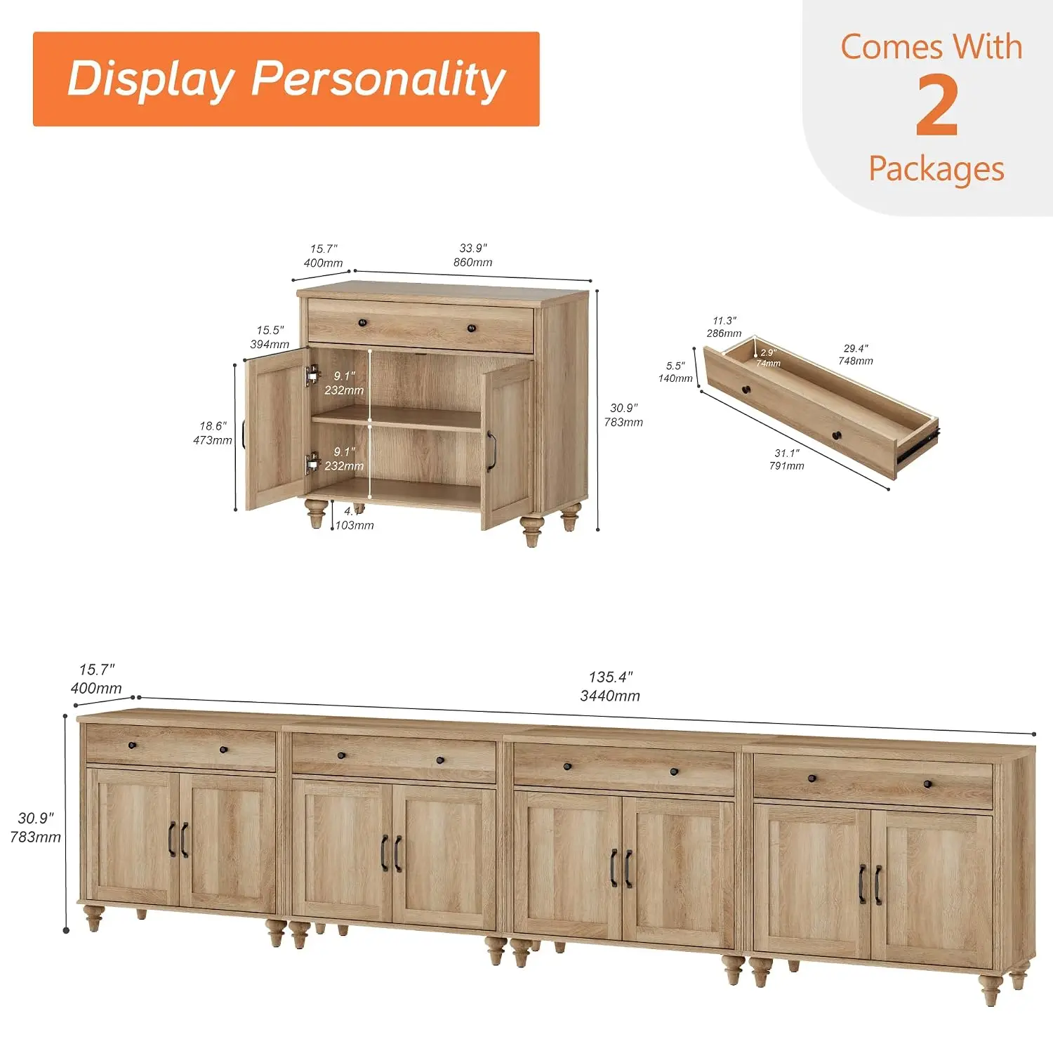 Large Buffet Cabinet 8 Doors & 4 Drawers, Modern Coffee Bar Wood Kitchen Storage Sideboard Dining Room, Oak 134 inch, Customized