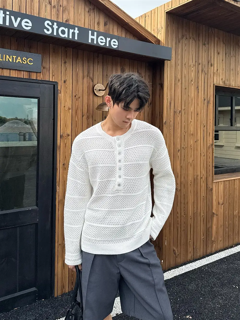 

White Knitted Hollow out Henry Collar Long Sve Men's Sweater Chic Inner Wear Top Korean Sle Early Autumn Faionable