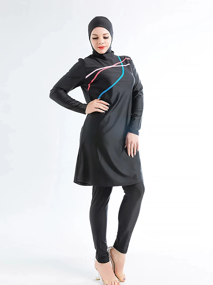 Muslim Swimwear Women Modest Patchwork Hijab Long Sleeves Sport Swimsuit 3pcs Islamic Burkinis Wear Bathing Suit image 4