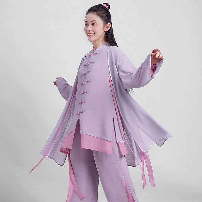 Custom Hand-Painted Tai Chi Suit –Flowy Linen Blend Uniform for Spring/Summer/Autumn, Light Purple Frog Button Set for Competit