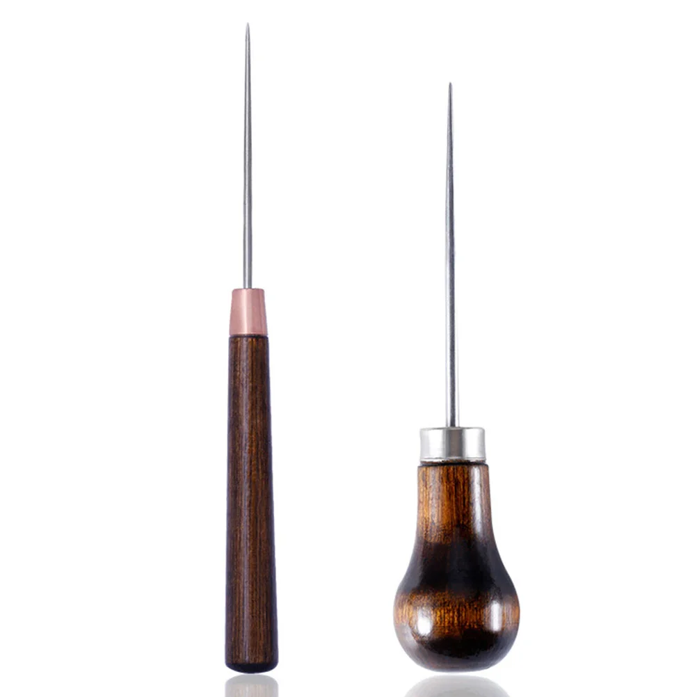 2 Pcs Handmade Wooden Handle Awl Repair Tools Stitching Scratch Awls Sewing Prickers Shoe