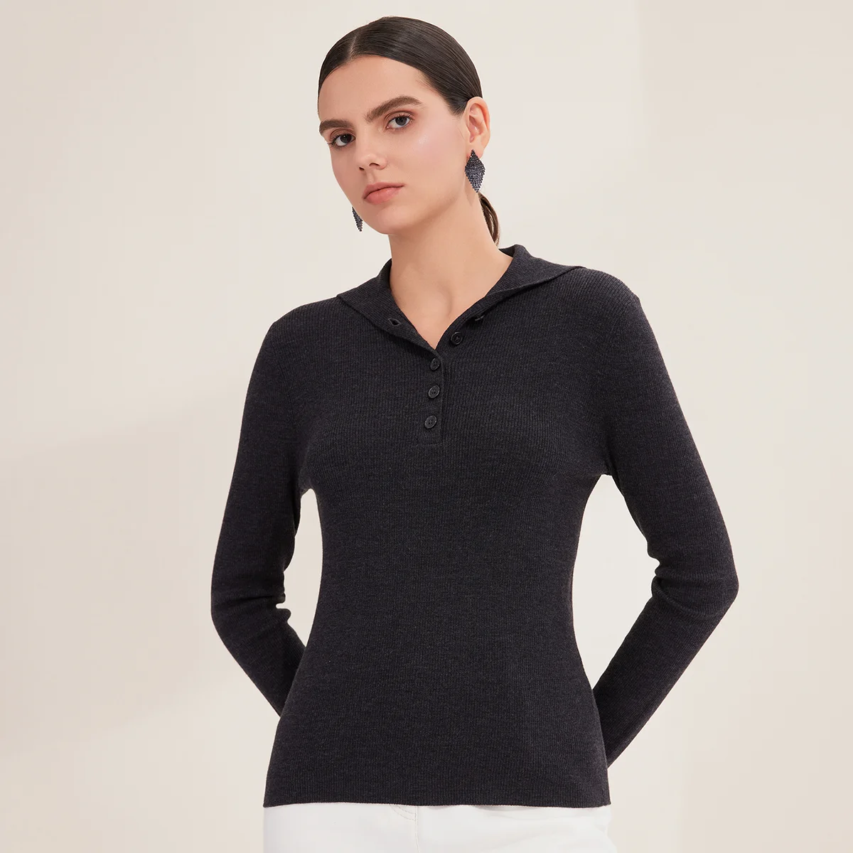 

BL4521299 100% Merino Wool Women's Ribbed Knit Polo Sweater Long Sleeve Pullover Fall Collection