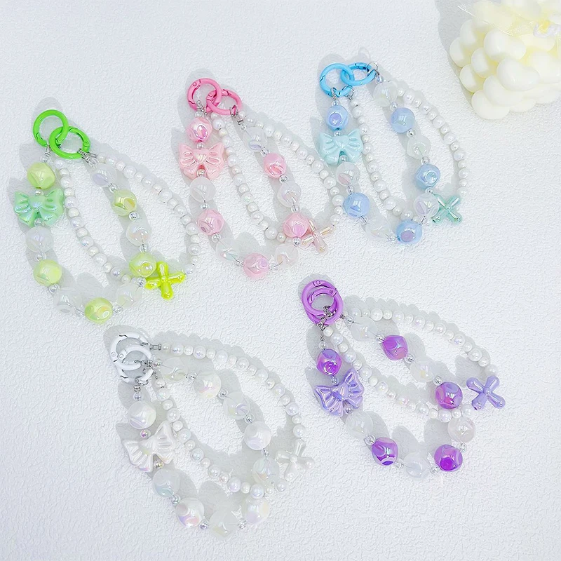 Double Korean Fashion Bowknot Phone Charm Imitation Pearl Beaded Chain For Phone Cute Mobile Phone Straps Chain Bag Pendant