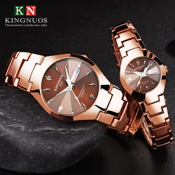 Coffee Gold Tungsten Steel Couple Watches for Lovers Fashion Luxury Business Watch for Male and Female Clock Quartz Paired Hours