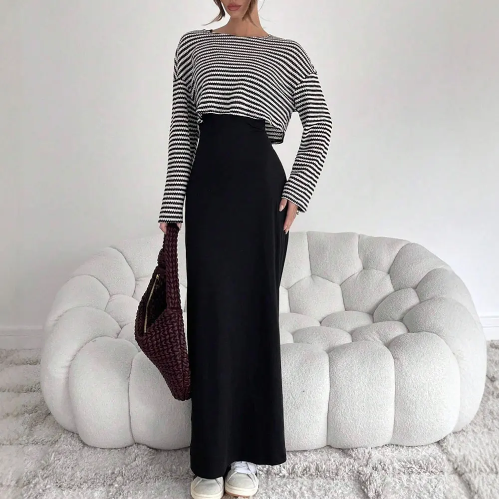 

Бутик осенних комплектов Mia Muse, 2025 г., женский элегантный кардиган в полоску с длинными рукавами и круглым вырезом, эластичные платья макси, повседневные комплекты