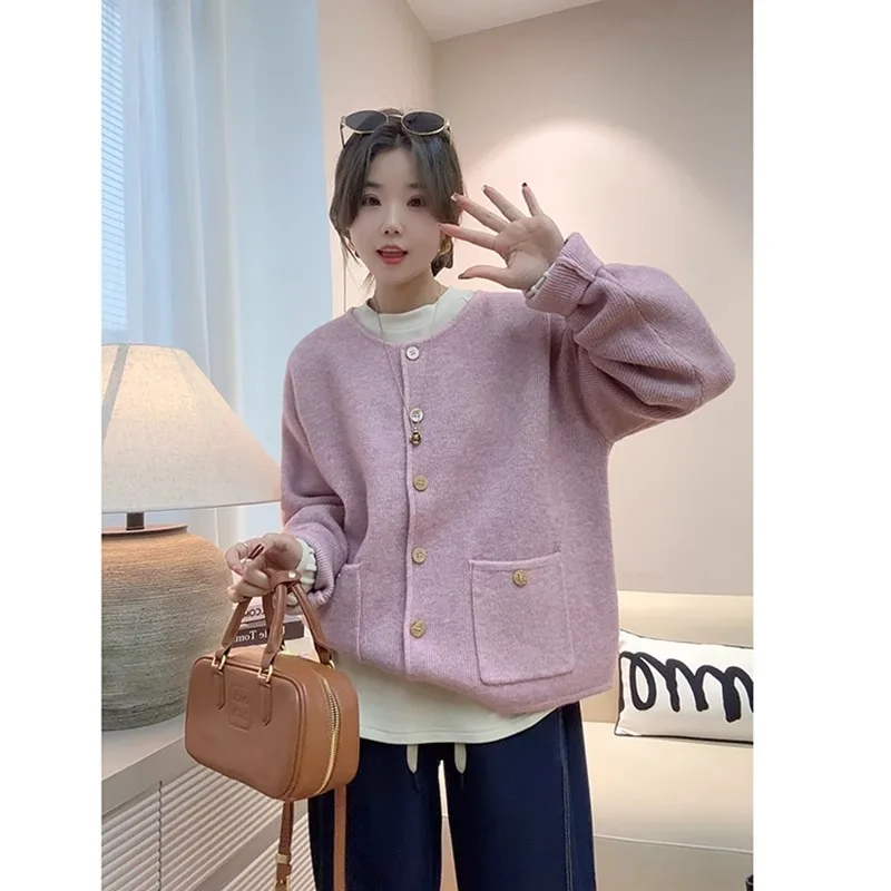 

Flla Miss New Knitted Open Cardigan Women's Loose Fit round Ne Single Button Slimming Versatile Sweater Jaet Korean Sle