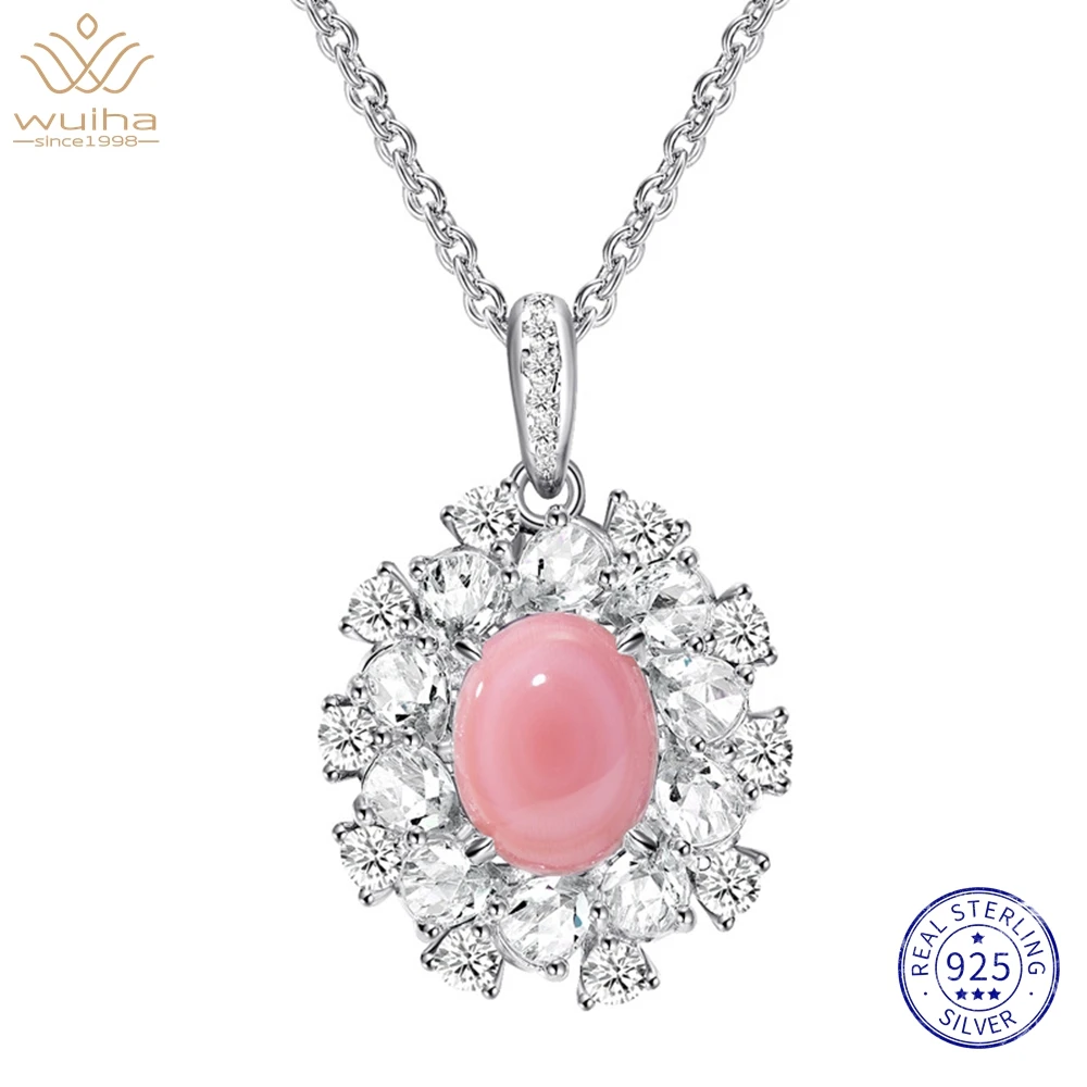 WUIHA 100% 925 Sterling Silver 7*9 MM Oval Cut Conch Pink Shells High Carbon Diamond Gemstone Pendant Necklaces Fine Jewelry