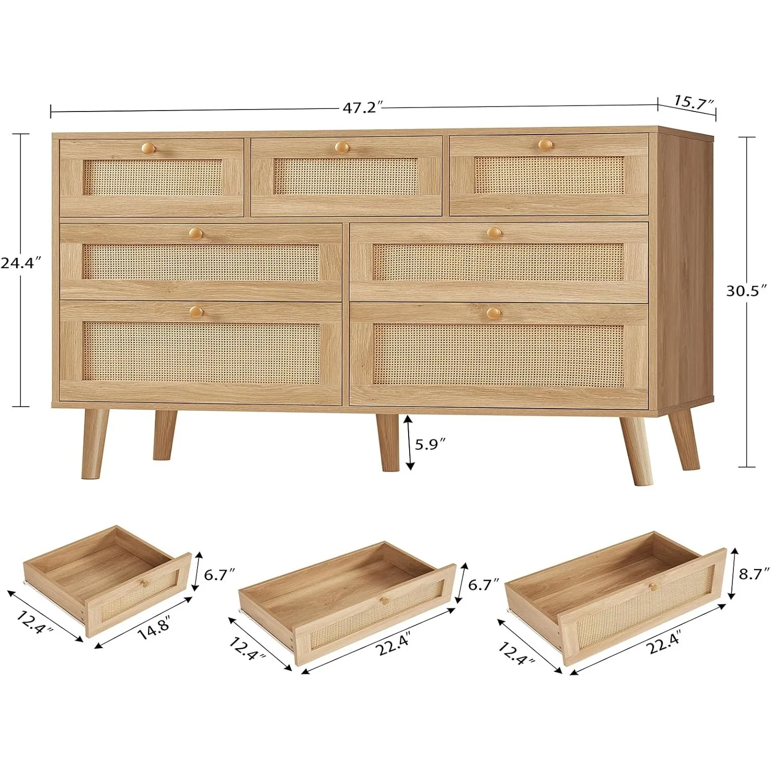 47.2''Wide 7 Drawer Rattan Dresser, Boho Dresser for Bedroom, Chest of Drawers, Closet Organizer, Natural Wood Dresser Chest ﻿