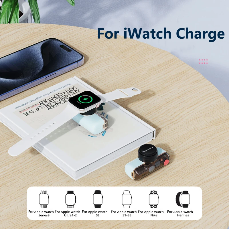 Mini Power Bank Magnetic Wireless Charger for Apple Watch iWatch S1-S8 Series Plug and Play Mobile Phone Chargers with Light