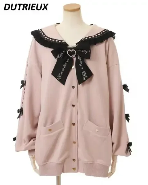 

Oversized Hoodie Rhinestone Lace-up Bow Loose Sailor Collar Bowknot Japanese Style Autumn Winter Casual Sweatshirt Coat Women