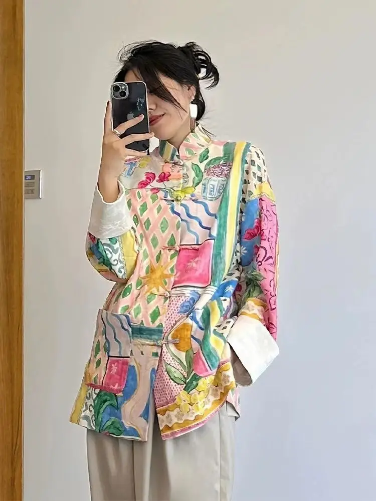 Hikigawa Chic Fashion Casual Contrast Color Printed Long Sleeve Women Shirts Vintage Frog Button Up Blouse All Match Tops Mujer