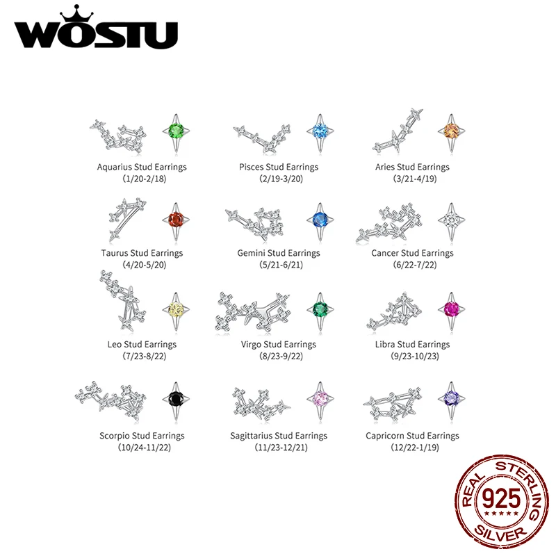 

WOSTU 925 Sterling Silver Zircon Constellation Horoscope Stud Earrings For Women Asymmetrical Colorful Ear Studs Party Jewelry