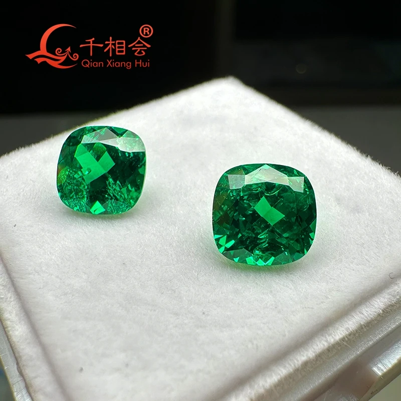 

lab grwon Yttrium Aluminum Oxide Cultivated Tsavorite cushion Shape Columbia emerald green color with inclushions YAG gem stone