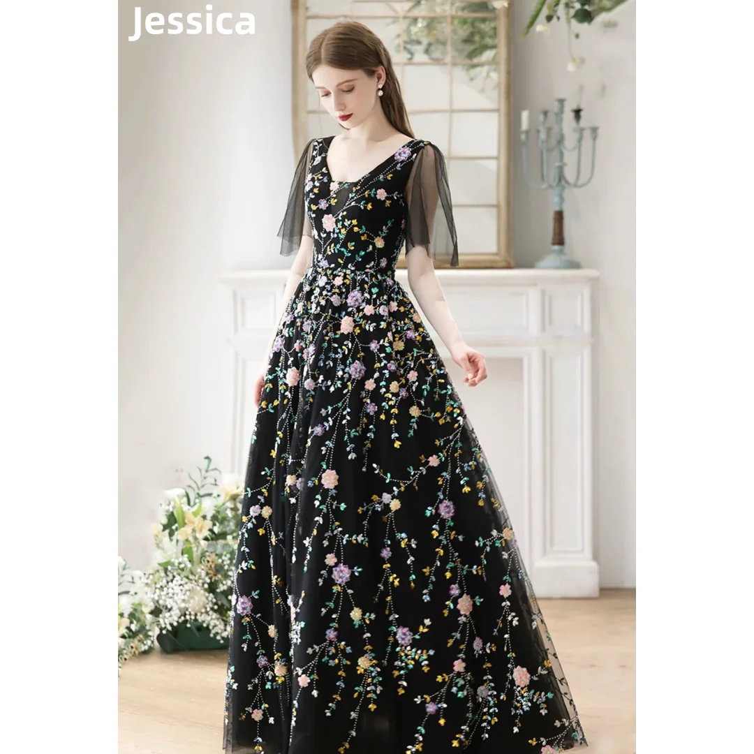 

Jessica Embroidery Flowers Prom Dresses Luxury Tulle Black Evening Dresses A-line Princess Wedding Party Dress فساتين سهرة