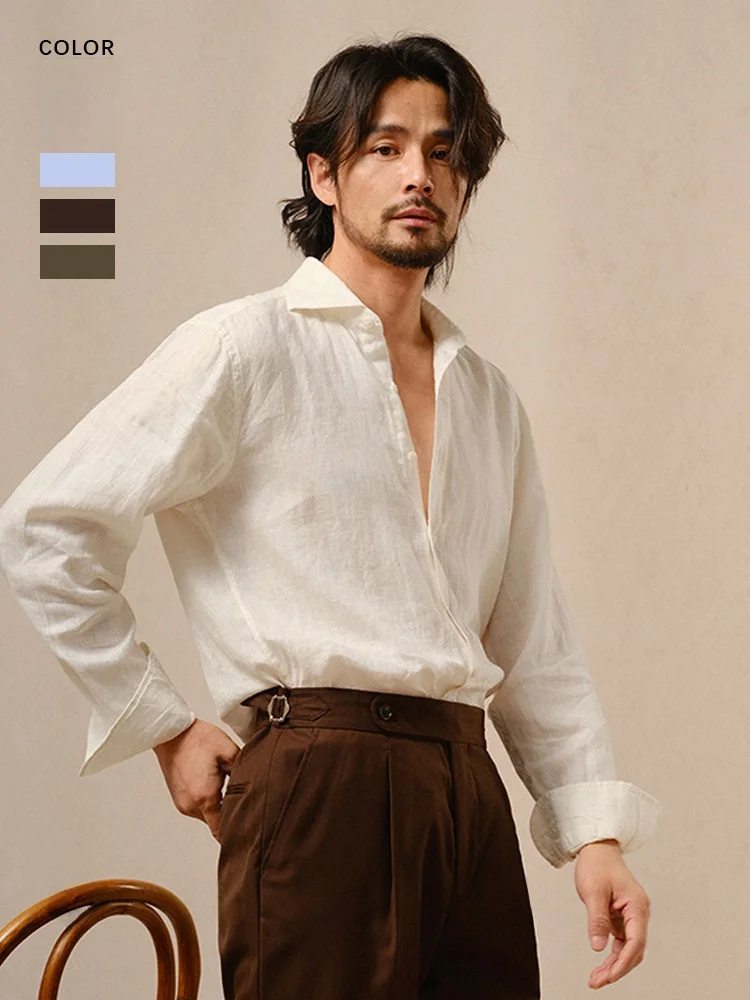 

Cultum Linen Men's Shirt Breathable Long Sleeve Windsor Collar Pure Color Casual Style Business Gentleman Summer Collection