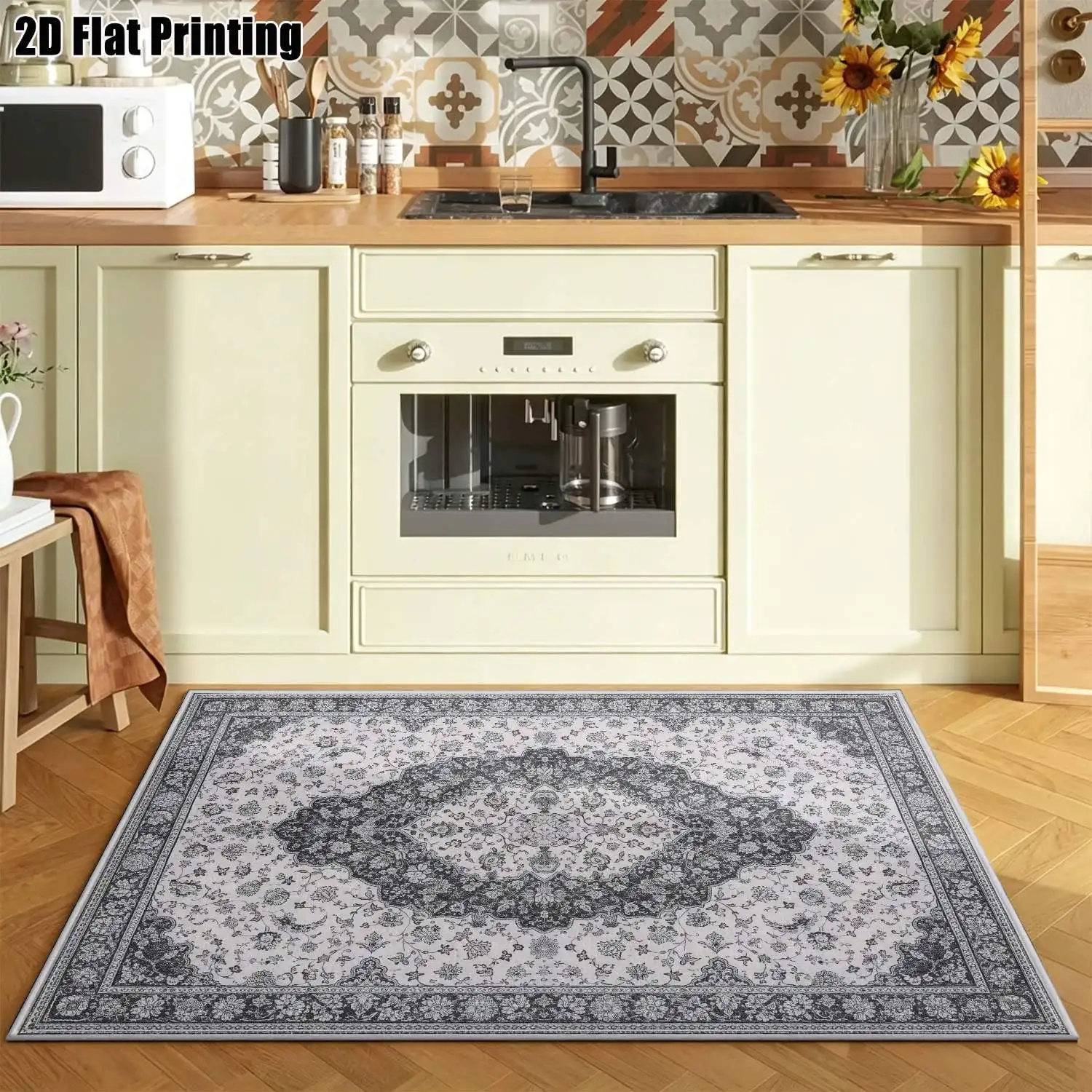 1Pc 2D Printed Retro Blue-Grey Floral Pattern Carpet: European/Retro/Geometric/Bohemian Style, Multi-Size, Machine Washable, for Home Decoration & Multi-Scene Use