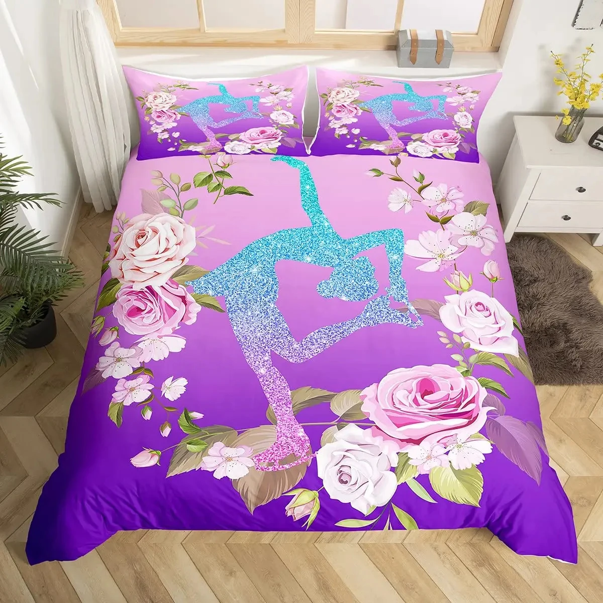 Gymnastics Dance Lovers Duvet Cover King,Watercolor Butterfly Star Sky Bedding Set 3pcs,Silhouette Rainbow Graffiti Quilt Cover