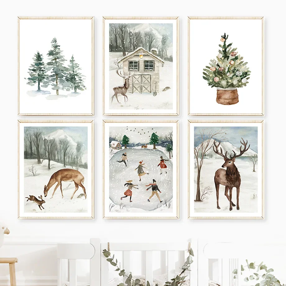 Deer Rabbit Bird Christmas Pine Tree Winter Wonderland Wall Art Canvas Painting Posters And Prints Wall Pictures Kids Room Decor