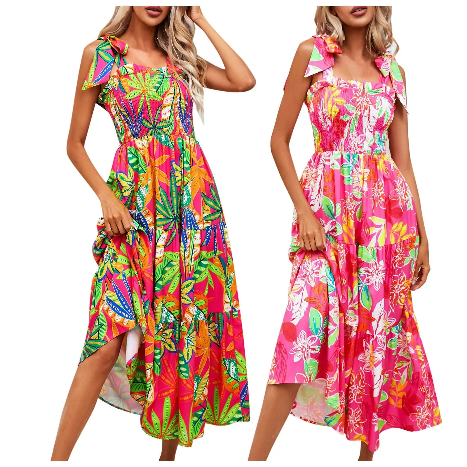 Vestido largo con tirantes finos para mujer, traje elástico fruncido sin mangas, Espalda descubierta, estampado Floral, playa, vacaciones de verano