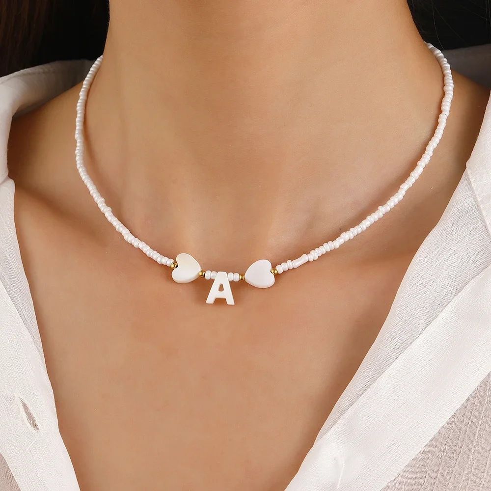 Bohemian style Choker neck Women necklace Beike Initial Letter white Rice Bead Necklaces Women's jewelry Birthday Gifts  trend