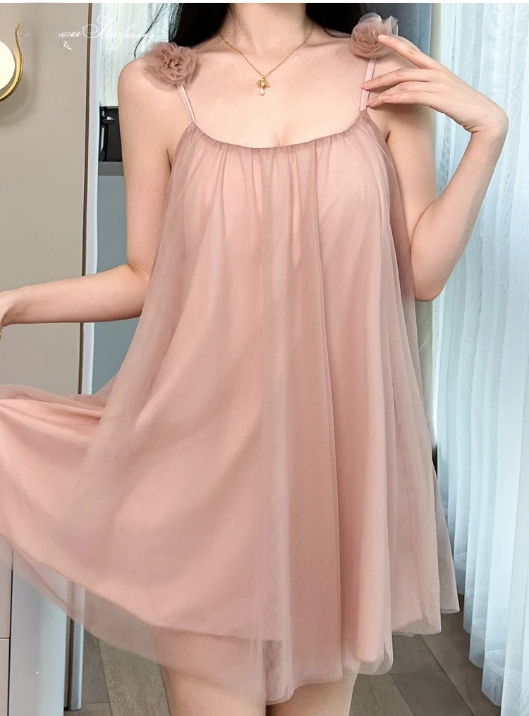 Sweet Cute New Arrival Solid Color Sexy Floral Mesh Spaghetti Strap Nightdress For Women With Chest Pad Home Sleepwear