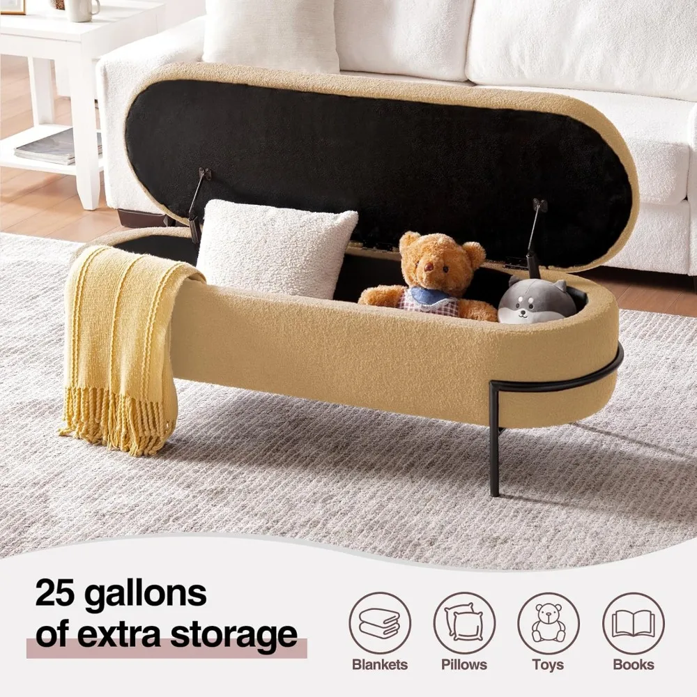 مقعد عثماني للتخزين المنجد لغرفة النوم، حامل معدني باللون البيج، نهاية أثاث تخزين السرير مع قماش بوكل #6