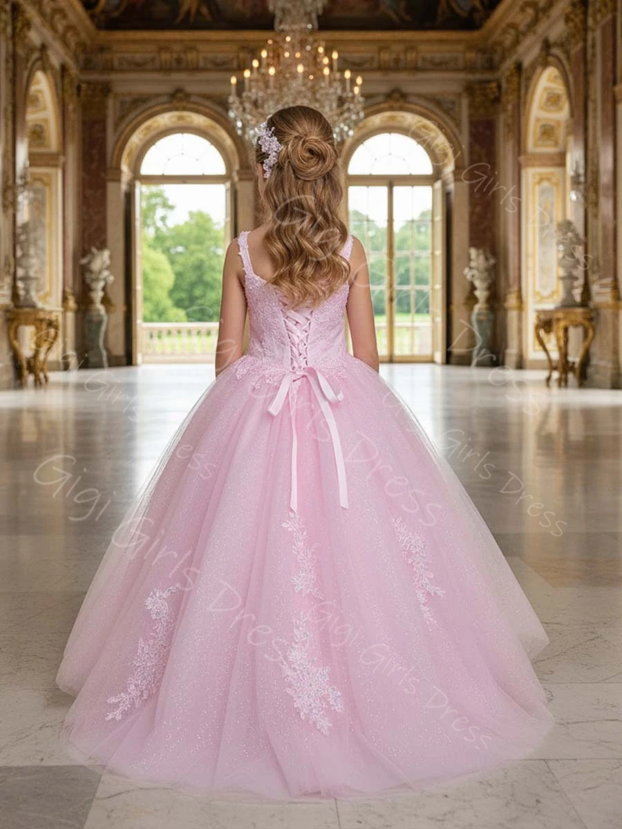 الوردي بنات فستان الأميرة الأشرطة الكاحل طول زهرة فتاة فستان مطرز زين تول مخصص فستان حفلة بالتواصل #2