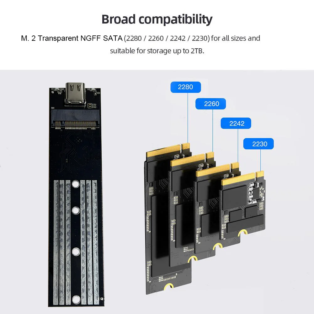 M.2 NGFF SATA Type C USB 3.1 SSD Case 10Gbps Transparent External SSD Case External SSD Adapter for 2230 2242 2260 2280