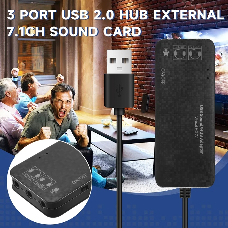 

Ingenious-3 Port Usb 2.0 Hub External 7.1Ch Sound Card Headset Microphone Adapter For Pc